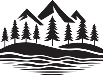 Obraz premium Mountain landscape with pine trees and water reflection during sunrise in minimalist vector illustration