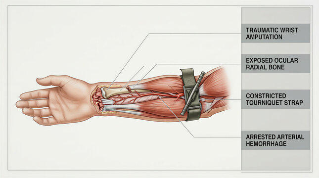 Medical diagram illustrating a traumatic wrist amputation and the application of a clinical tourniquet to stop bleeding