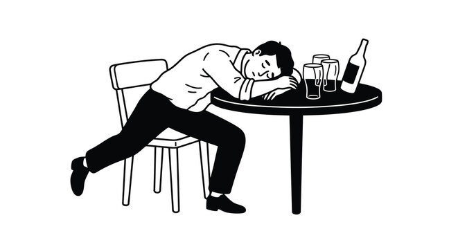 Vector illustration of a sleeping man slumped over a table with drinks black and white
