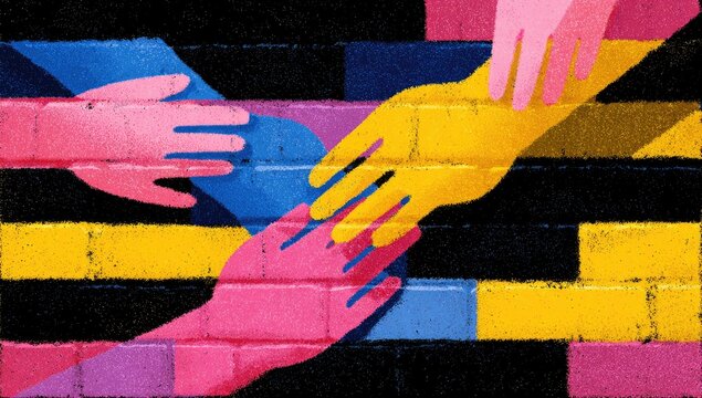 Colorful hands reaching on a brick wall background