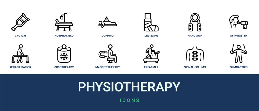 Set of 12 outline web Physiotherapy icons such as gymnastics, spinal column, treadmill, magnet therapy, cryotherapy, rehabilitation, spirometer vector icons for report, presentation, diagram, web