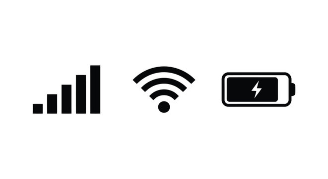 Signal strength wifi and battery icons in black vector style on a white background
