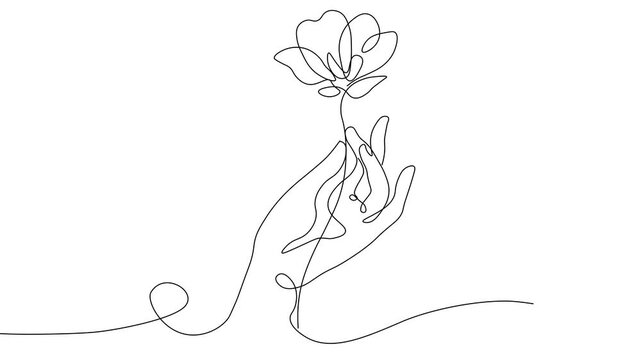 Animated line art of a hand holding a flower.