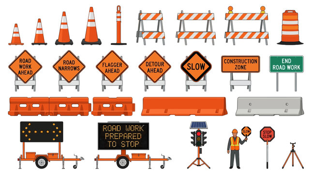 Construction site with road signs and worker near barriers and cones on 029 roadwork area