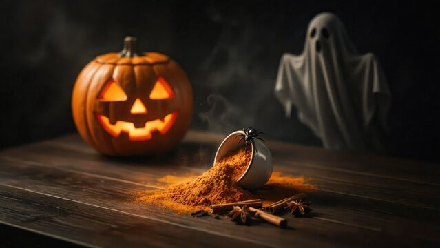 Scary jackolantern pumpkin glowing with eerie light near spilled spices and spooky ghost apparition in dark.