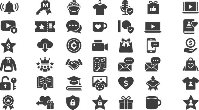Digital Creators Subscription and Content Monetization Solid Icon Set Featuring Membership Rewards Crowdfunding Video Production and Online Community Support Interface Symbols