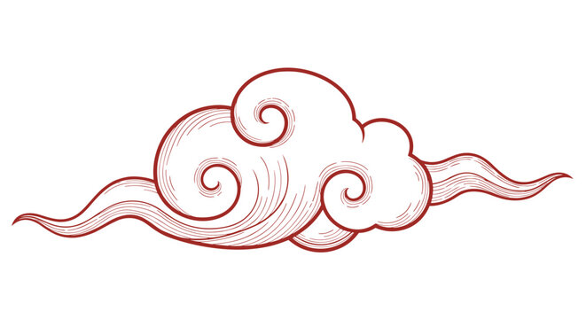 Ornate oriental cloud vector illustration drawn in a traditional red engraving style on a white background.