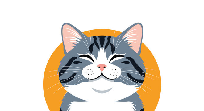 Close-up cartoon portrait of a happy smiling grey tabby cat with a white chest on a round orange background.