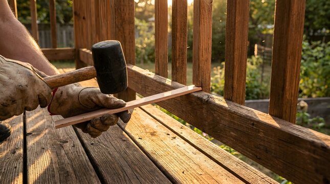 Close up of gloved hands using a rubber mallet to repair a wooden deck railing in the warm golden hour sunlight.