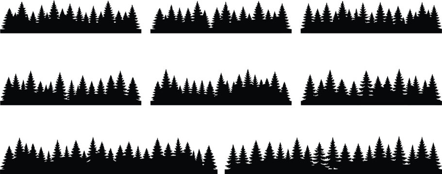 Black silhouette pine tree forest landscape borders