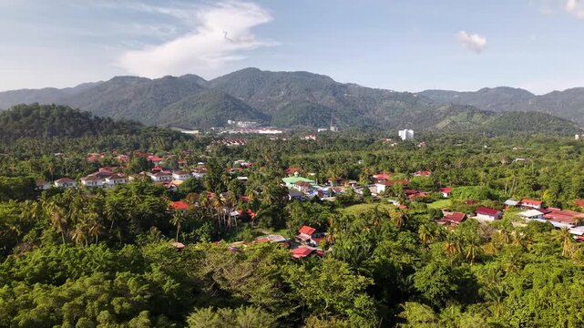 Aerial shot of a lush tropical village surrounded by dense greenery and forest with mountainous terrain at Balik Pulau, Penang