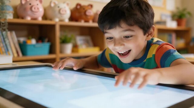 Medium shot of a child excitedly interacting with an interactive savings display in a classroom with shelves and piggy banks out of focus.