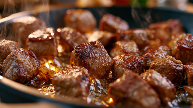 Perfectly diced beef cubes browning in a hot cast iron pan with shimmering oil and rising steam, rustic culinary setting, rich caramelization, authentic home chef preparing a meal, ultra photorealis