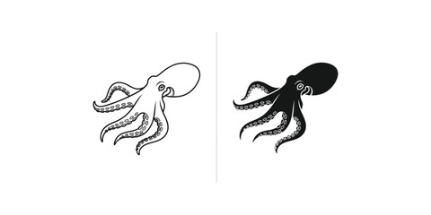 Minimalist octopus icon set in black and white line art and solid silhouette style © Designer Habiba