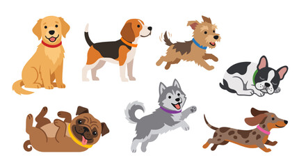 Fototapeta premium Cute illustrations of various dog breeds in playful poses, perfect for animal lovers and pet-themed designs