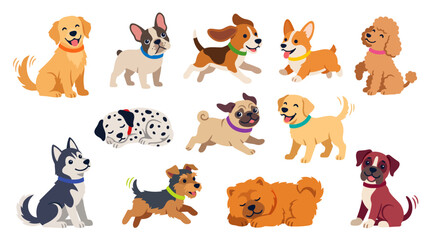 Obraz premium Collection of various breeds of cute, adorable dogs in different poses and activities, depicted in a vibrant, playful illustration style