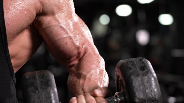 Close-up of a flexed bicep at peak contraction during a dumbbell curl, veins and muscle striations visible under gym light. Muscle definition workout concept