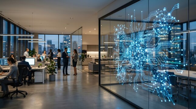 Modern Smart Office With AI Network Hologram Digital Transformation Technology And Innovation Workspace