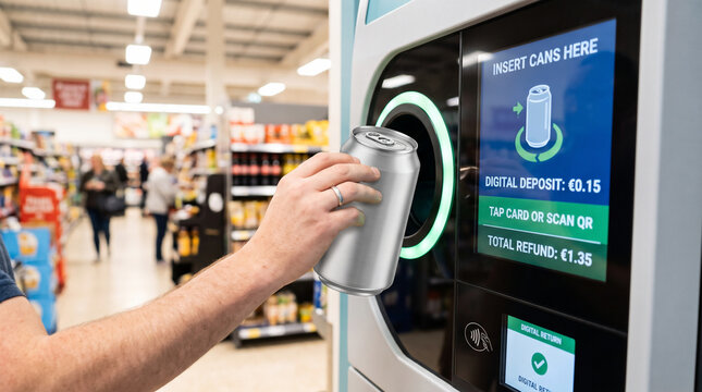 Recycling Can Deposit Machine: A hand inserts a beverage can into an automated deposit return machine in a retail store, showcasing environmental responsibility and convenient recycling process.