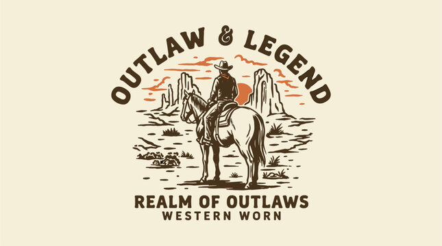 Outlaw and legend. Western adventure vintage print design for t shirt. Explore more. Realm of outlaws.. Wild west legend. Mountain adventure vintage p