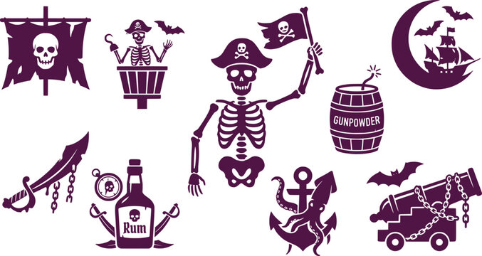 Spooky Halloween pirate silhouette icon set featuring a skeleton captain jolly roger flag gunpowder barrel kraken anchor rum bottle ship and chained cannon vector graphic