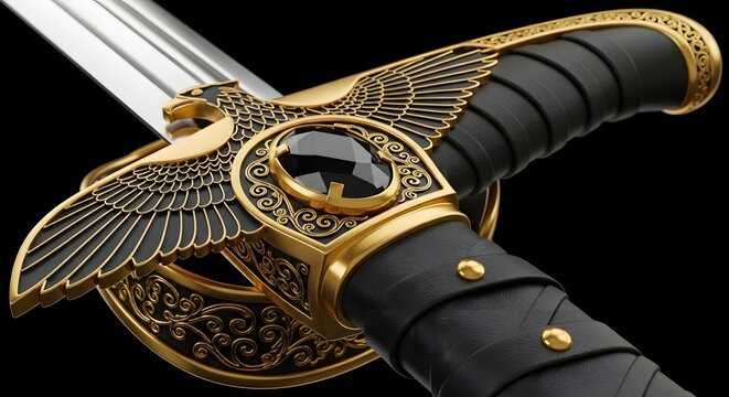 Ornate sword hilt with gold eagle and black gem