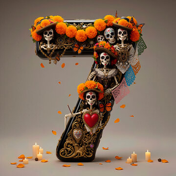  numero 7, flores, cempasuchil, dia de muertos, altar de muertos, calaveritas, mexico, agua, catrinas, mariposa, marco, flor, arcen, vector, floral, decoraciones, hojas, designio, navida, corona, ilus