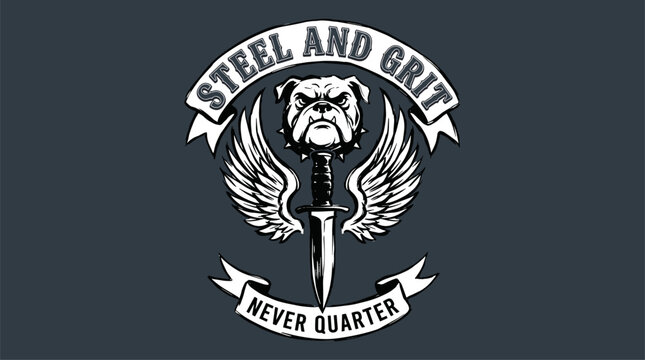 Steel and grit. Never quarter bulldog print for t shirt. Vintage dagger and wings graphic. Tough mascot artwork for poster.