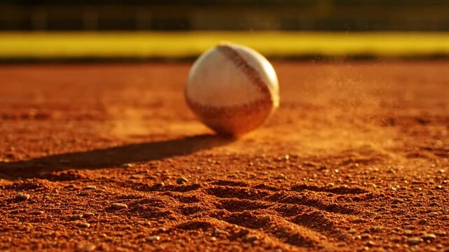 Baseball rolling across the red clay infield with a close-up shot on a sunny day with golden hour lighting