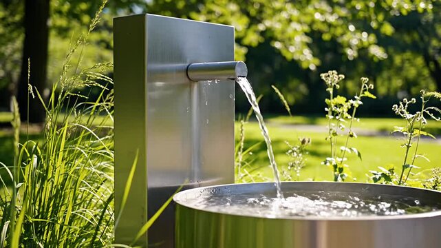 Modern metal water fountain in sunny summer park