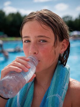 Jugendliches M&auml;dchen trinkt nach dem Schwimmen Wasser im Freibad in Deutschland. Gesunde Erfrischung an einem hei&szlig;en Sommertag mit Fokus auf Hydration und Urlaub.