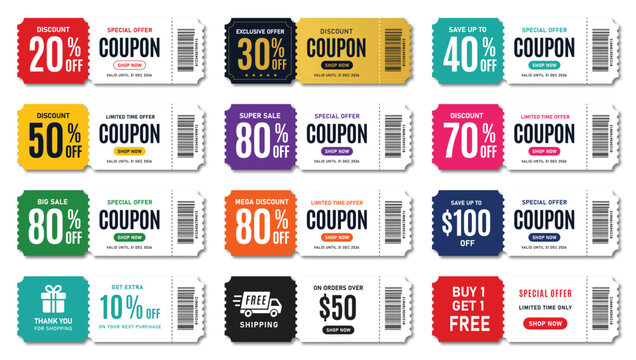 Coupon card set, discount coupon voucher, gift certificate, promotion ticket, sale coupon design collection, coupon ticket, editable vector.