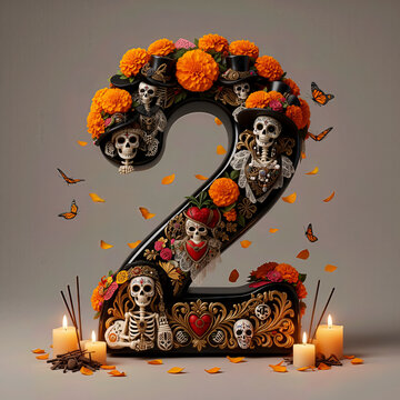  numero 2, flores, cempasuchil, dia de muertos, altar de muertos, calaveritas, mexico, agua, catrinas, mariposa, marco, flor, arcen, vector, floral, decoraciones, hojas, designio, navida, corona, ilus
