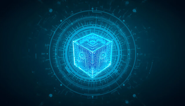 Glowing digital data cube with circuit patterns on a tech interface. Abstract blockchain and cryptocurrency mining background concept. Futuristic central processing unit layout.