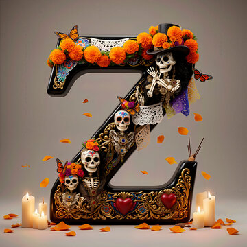  letra Z, flores, cempasuchil, dia de muertos, altar de muertos, calaveritas, mexico, agua, catrinas, mariposa, marco, flor, arcen, vector, floral, decoraciones, hojas, designio, navida, corona, ilust