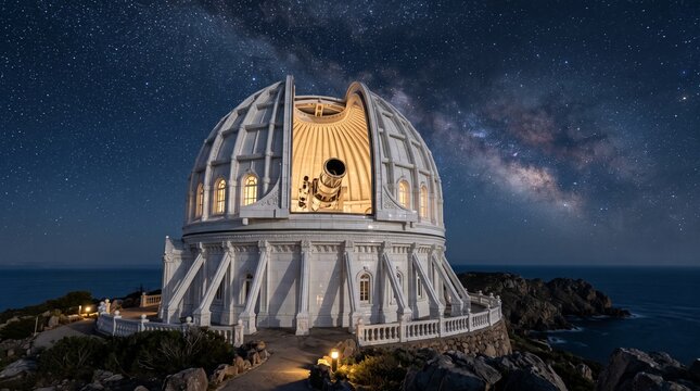 Astronomical observatory with telescope under Milky Way galaxy, white dome research station at night, space exploration and science concept