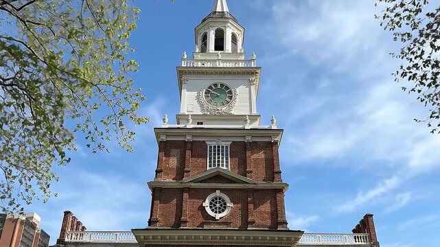 Independence hall exterior facade featuring historic red brick tower under vibrant blue sky.