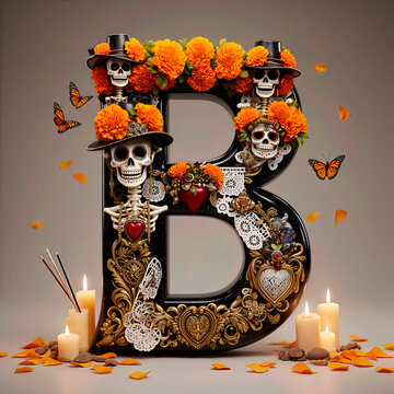 letra B, flores, cempasuchil, dia de muertos, altar de muertos, calaveritas, mexico, agua, catrinas, mariposa, marco, flor, arcen, vector, floral, decoraciones, hojas, designio, navida, corona, ilust