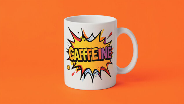 A white mug with a colorful, comic-book style "CAFFEINE" graphic on its side sits against an orange background.