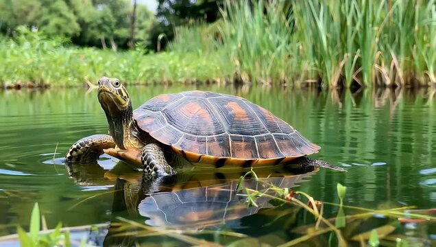 Majestic 4K nature video of a large aquatic slider swimming peacefully in its lush pond habitat capturing its patterned shell webbed feet and natural wildlife behaviors in pristine freshwater