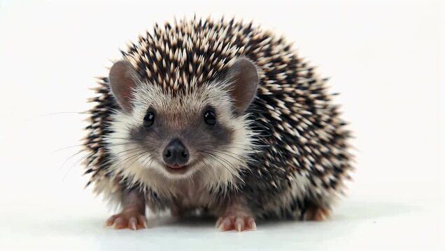 Adorable ultra high definition 4K portrait of a small spiny mammal looking directly at the camera on a spotless white studio background showcasing its cute behavior and unique protective needles