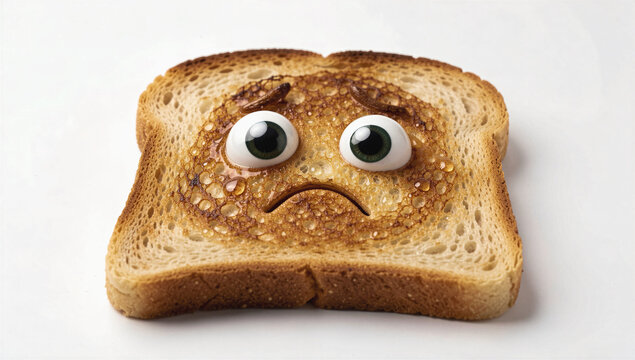 A slice of toasted bread with large, googly eyes and droplets of syrup on its surface appears sad against a plain white background.