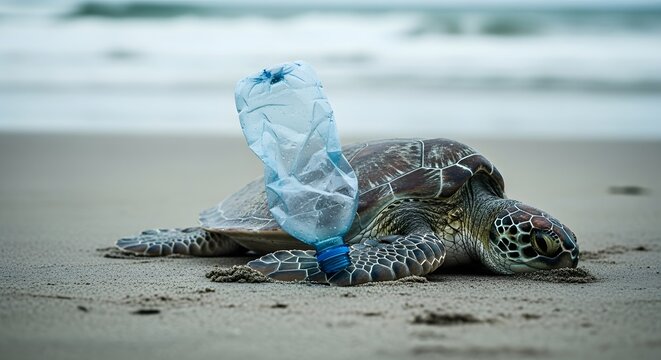 Sea turtle and plastic bottle on sandy beach