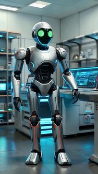 Breathtaking high tech 4K recording of an advanced bipedal android standing silently inside a futuristic research laboratory brilliantly symbolizing artificial intelligence breakthroughs modern