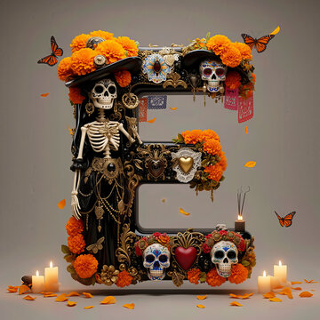  letra E, flores, cempasuchil, dia de muertos, altar de muertos, calaveritas, mexico, agua, catrinas, mariposa, marco, flor, arcen, vector, floral, decoraciones, hojas, designio, navida, corona, ilust