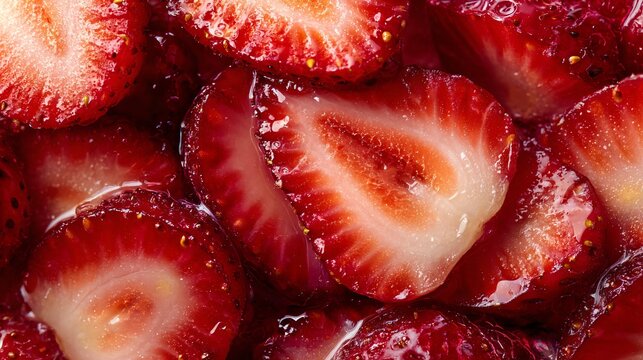 A macro flat lay of sliced strawberries with visible juice, seeds, and glossy texture under warm natural lighting