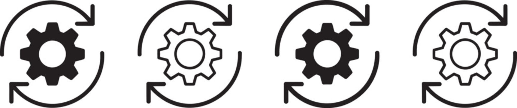 Sync process and workflow icon set featuring productivity symbols, synchronization arrows, gear wheels, automation, settings, data refresh, system integration and vector illustrations 