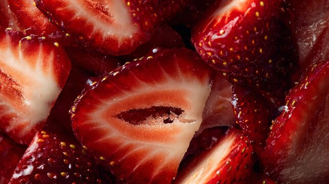 A macro flat lay of sliced strawberries with visible juice, seeds, and glossy texture under warm natural lighting