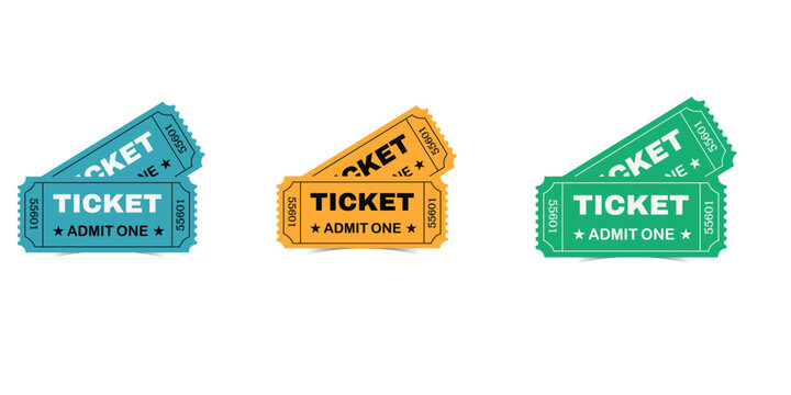 Colorful ticket stubs in blue, yellow, and green, isolated on white background