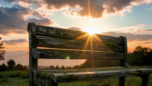 Nostalgic slow motion 4K clip of an antique timber bench covered in velvety green moss backlit by a soft warm sunburst that creates a dreamlike romantic atmosphere in a park